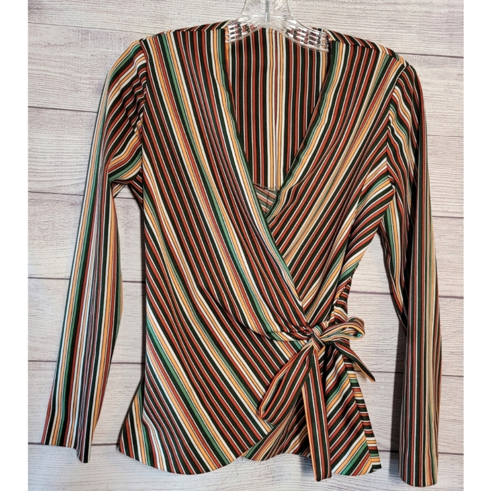 Women's Top Colorful Striped Wrap Tie Waist V Neck Rainbow Retro Size S Career